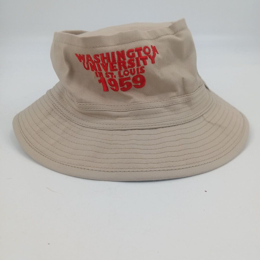 Vintage Tan Khaki Bucket Hat Safari Sun Hat Wide Brim Embroidered Logo 1959